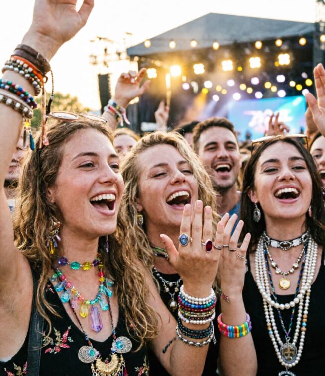 Diverse Konzertbesucher mit bedeutungsvollem Schmuck bei Musikfestival