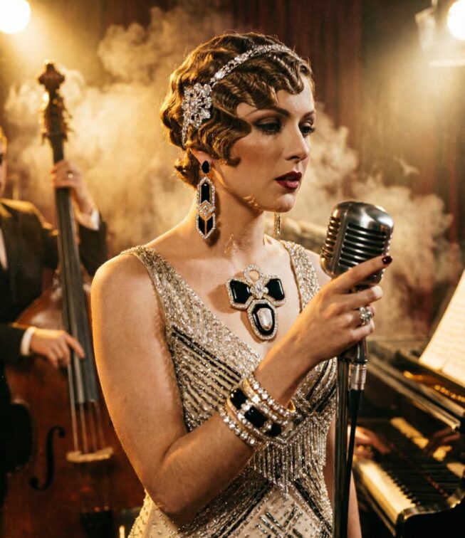 Jazz-Sängerin der 1920er Jahre mit Art-Déco-Schmuck in historischem Jazzclub