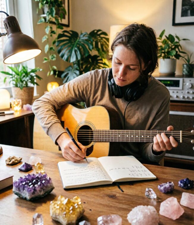 ndie-Musiker beim Songwriting mit Kristallen und Gitarre im Heimstudio