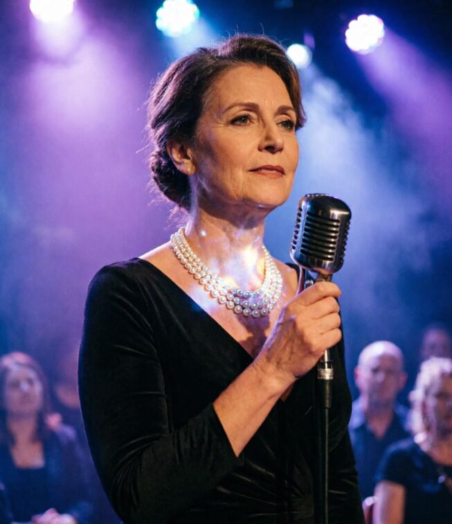 Sängerin mit Perlenkette unter Bühnenlicht bei Live-Performance