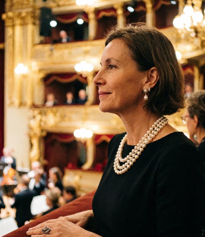 Elegante Frau mit Perlenschmuck bei klassischem Konzert im Konzertsaal