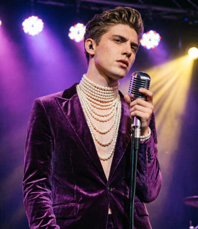 Androgyne:r Musiker:in mit mehrreihigen Perlenketten bei Live-Performance